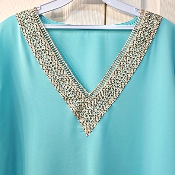 NWOT V Neck Crochet Short Sleeved Top Aqua XL - Picture 9 of 9